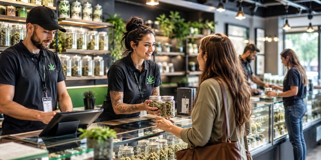 Cannabis dispensary employees assisting customers and managing products
