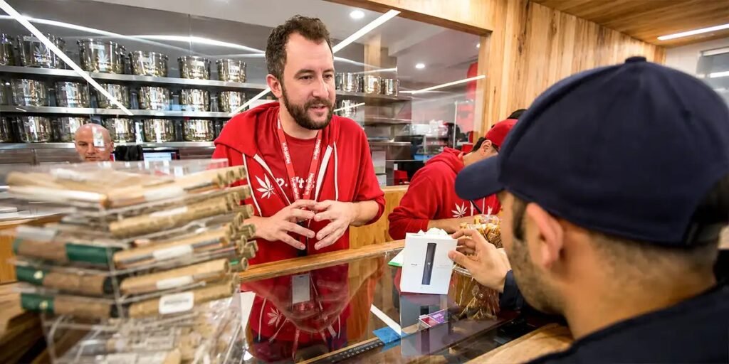 Cannabis sales representative meeting dispensary buyers