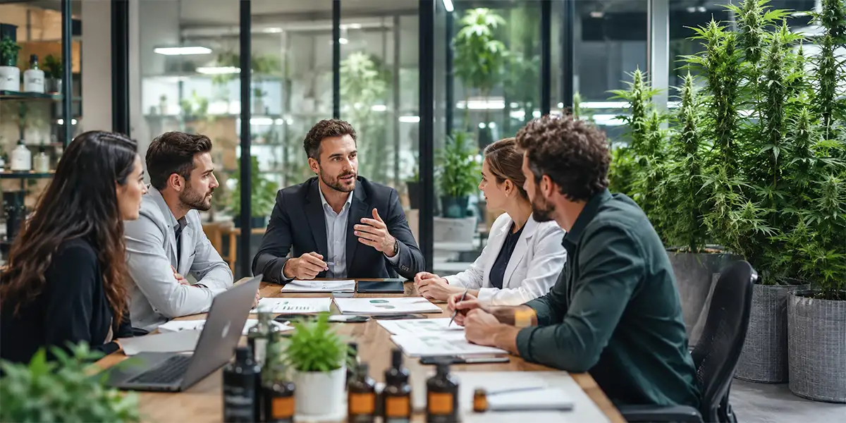 HR team discussing specialized recruitment strategies for hiring talent in the cannabis industry