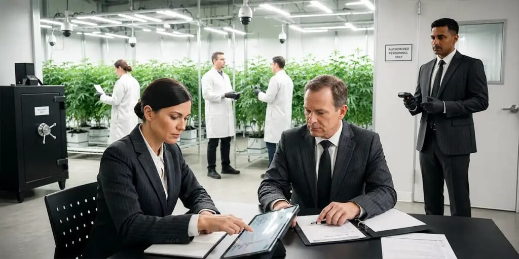 Cannabis compliance officer reviewing legal cannabis documents