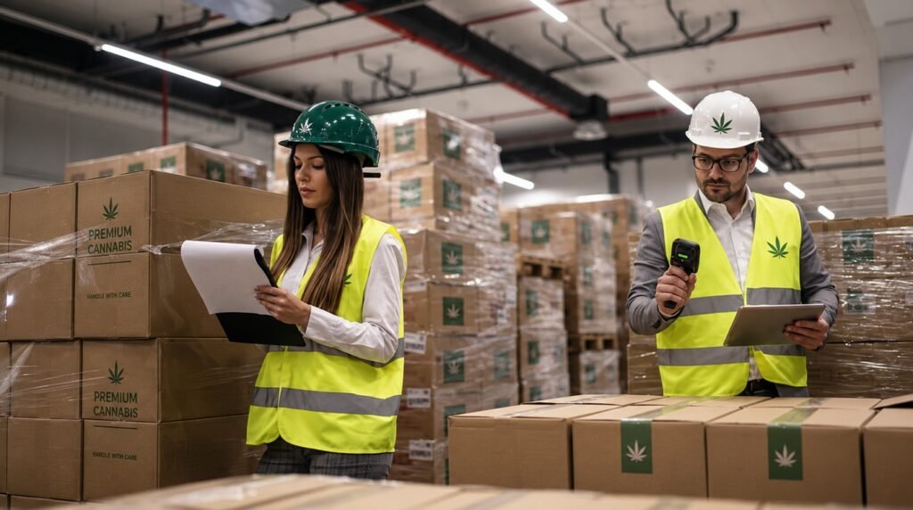 Cannabis warehouse workers managing inventory and distribution operations